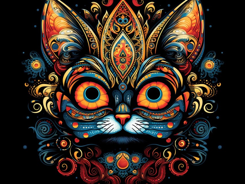 Colorful Cat Face Head Vivid Colors Pop Art Vector Illustrations Black Background (374)