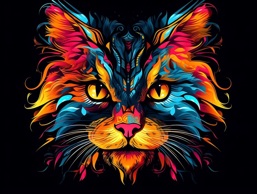 Colorful Cat Face Head Vivid Colors Pop Art Vector Illustrations Black Background (388)