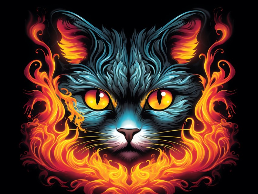 Colorful Cat Face Head Vivid Colors Pop Art Vector Illustrations Black Background (398)