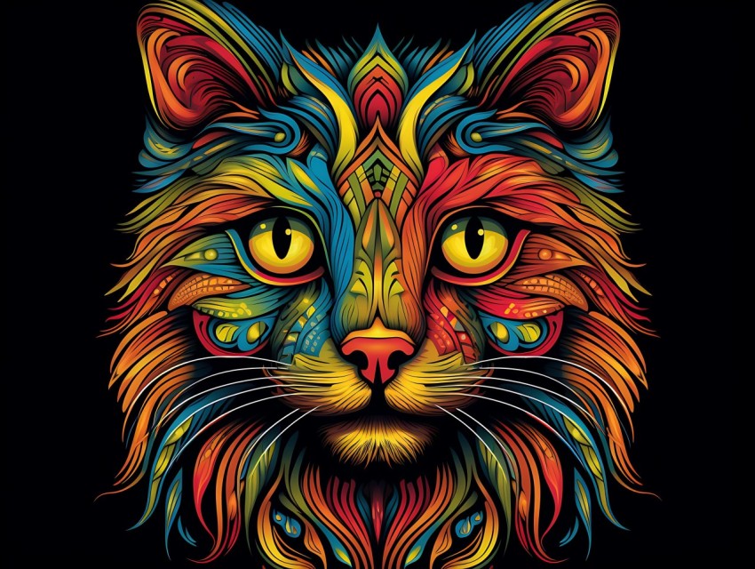 Colorful Cat Face Head Vivid Colors Pop Art Vector Illustrations Black Background (379)