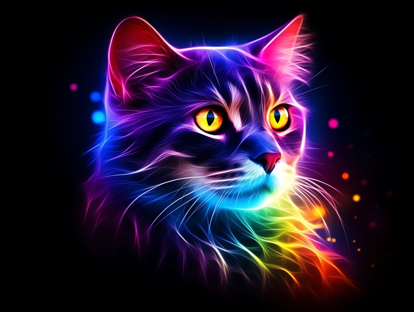 Colorful Cat Face Head Vivid Colors Pop Art Vector Illustrations Black Background (405)