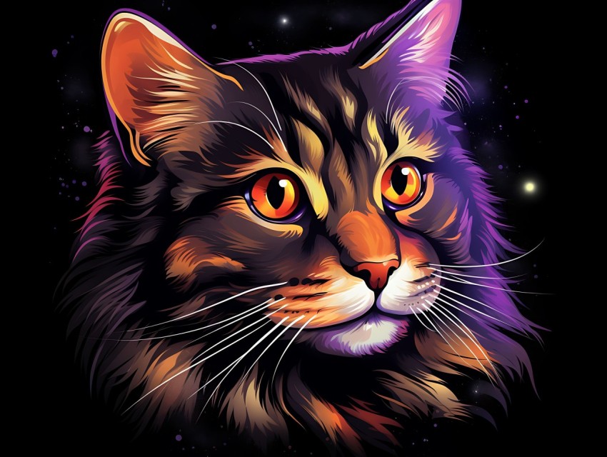 Colorful Cat Face Head Vivid Colors Pop Art Vector Illustrations Black Background (446)
