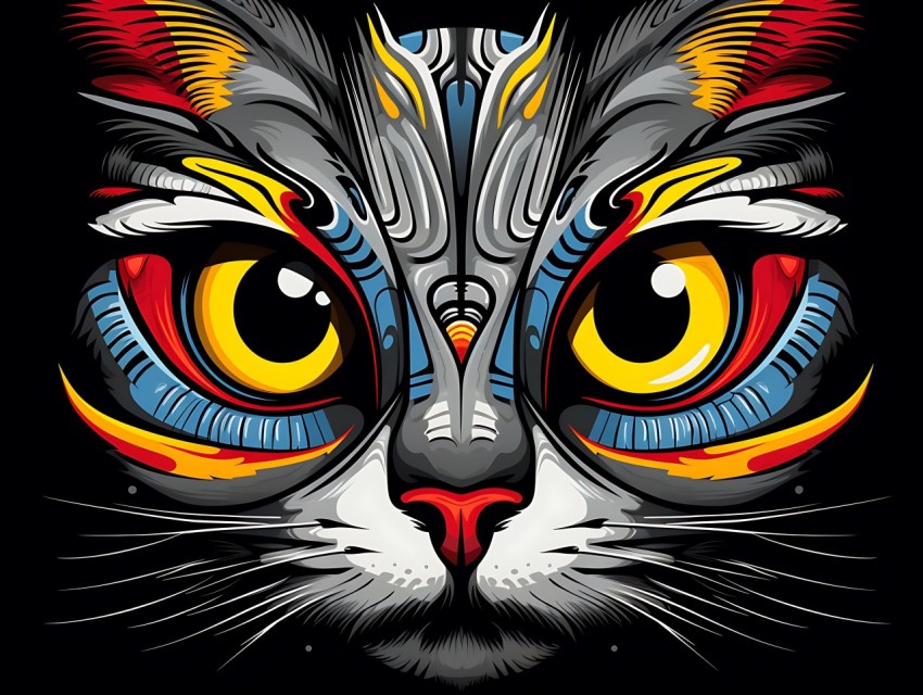 Colorful Cat Face Head Vivid Colors Pop Art Vector Illustrations Black Background (415)