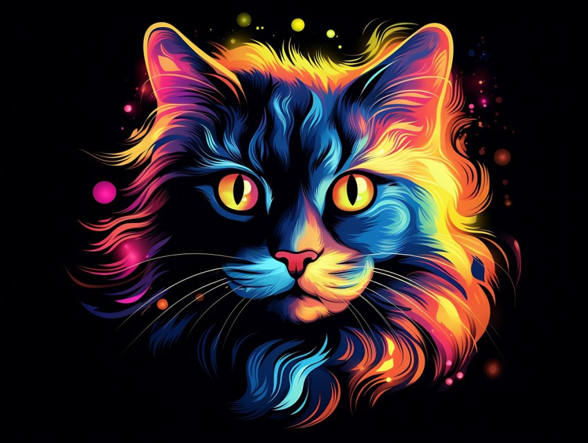 Colorful Cat Face Head Vivid Colors Pop Art Vector Illustrations Black Background (425)