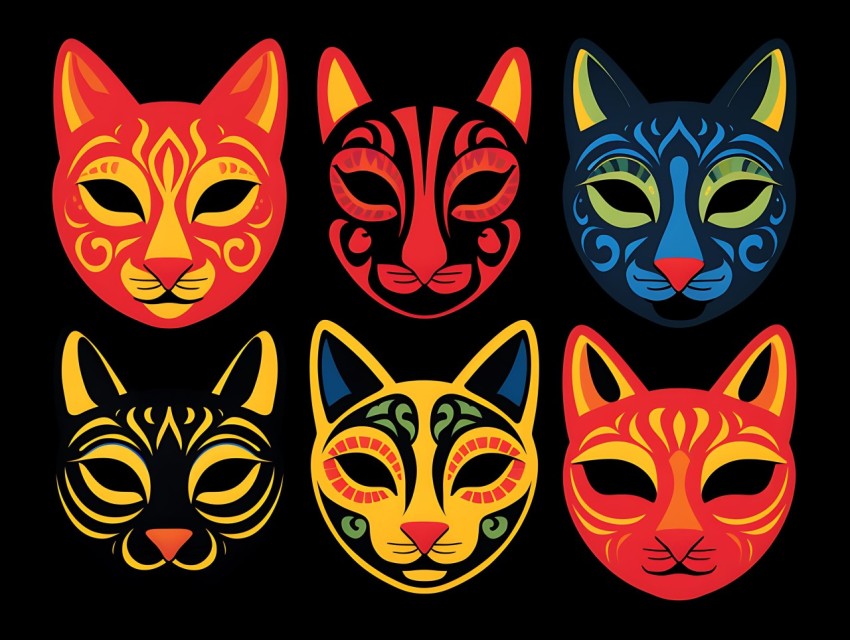 Colorful Cat Face Head Vivid Colors Pop Art Vector Illustrations Black Background (416)