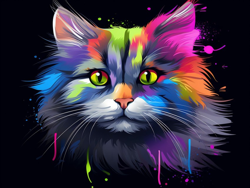 Colorful Cat Face Head Vivid Colors Pop Art Vector Illustrations Black Background (407)