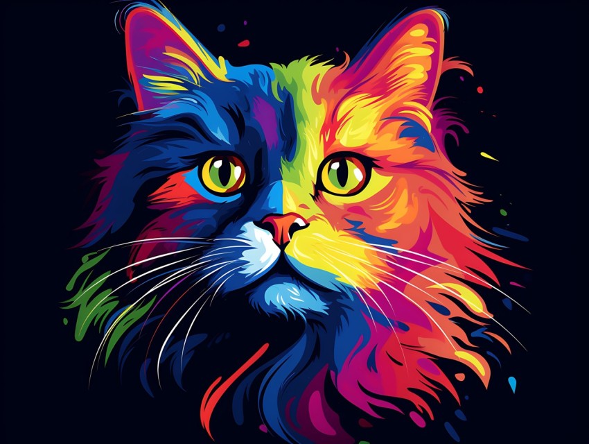 Colorful Cat Face Head Vivid Colors Pop Art Vector Illustrations Black Background (440)
