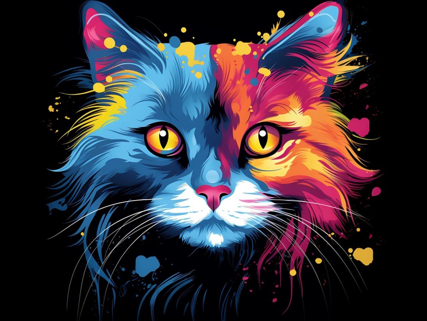 Colorful Cat Face Head Vivid Colors Pop Art Vector Illustrations Black Background (449)