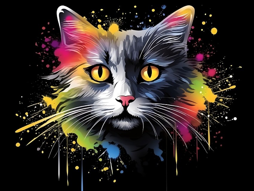 Colorful Cat Face Head Vivid Colors Pop Art Vector Illustrations Black Background (428)