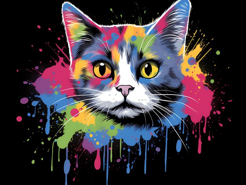 Colorful Cat Face Head Vivid Colors Pop Art Vector Illustrations Black Background (443)