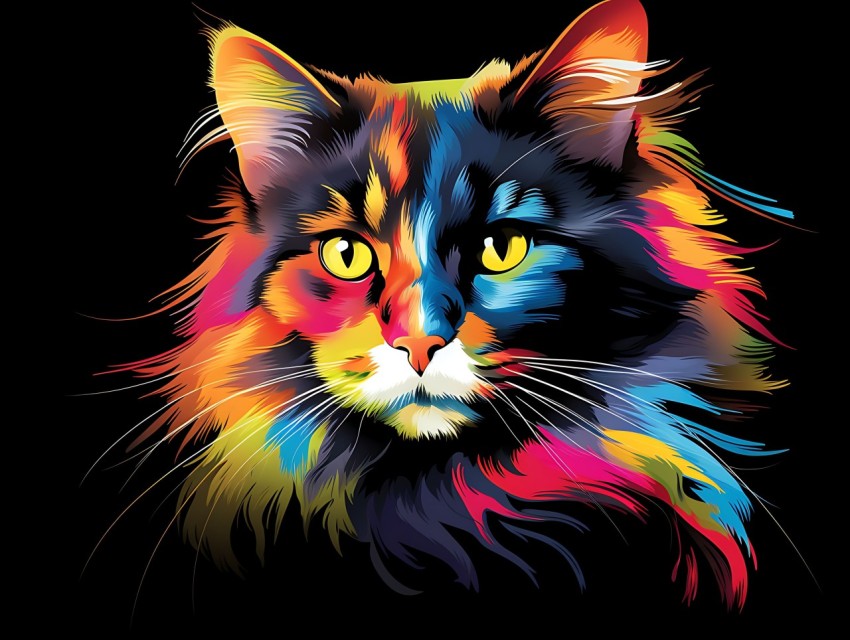 Colorful Cat Face Head Vivid Colors Pop Art Vector Illustrations Black Background (401)