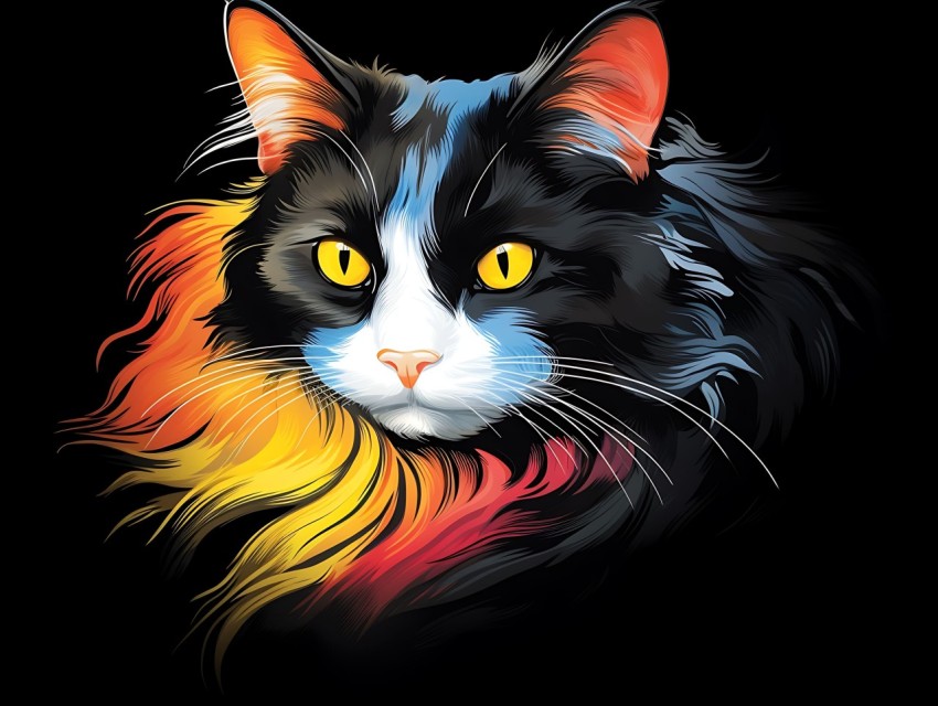 Colorful Cat Face Head Vivid Colors Pop Art Vector Illustrations Black Background (438)