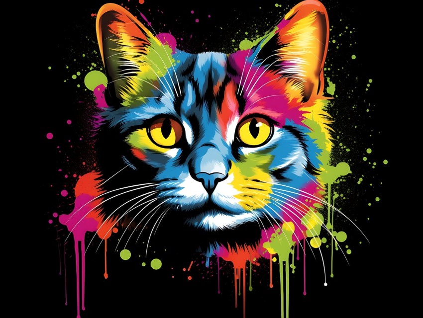 Colorful Cat Face Head Vivid Colors Pop Art Vector Illustrations Black Background (404)