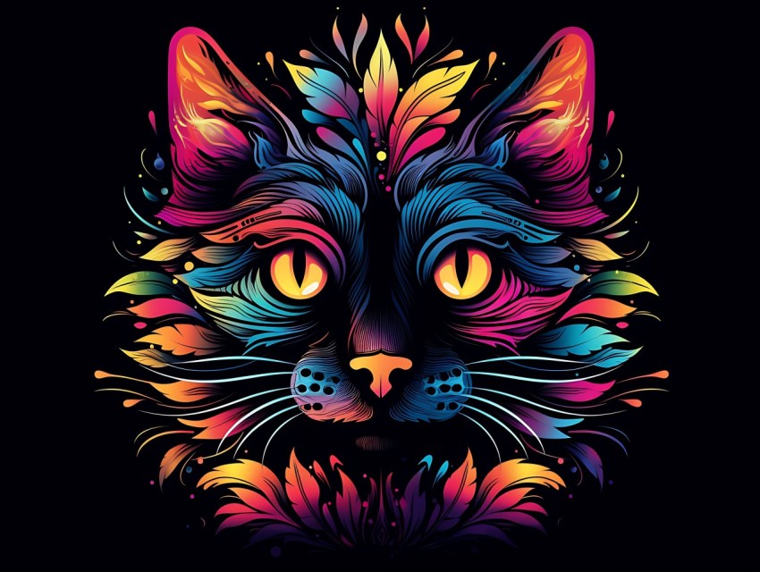 Colorful Cat Face Head Vivid Colors Pop Art Vector Illustrations Black Background (427)