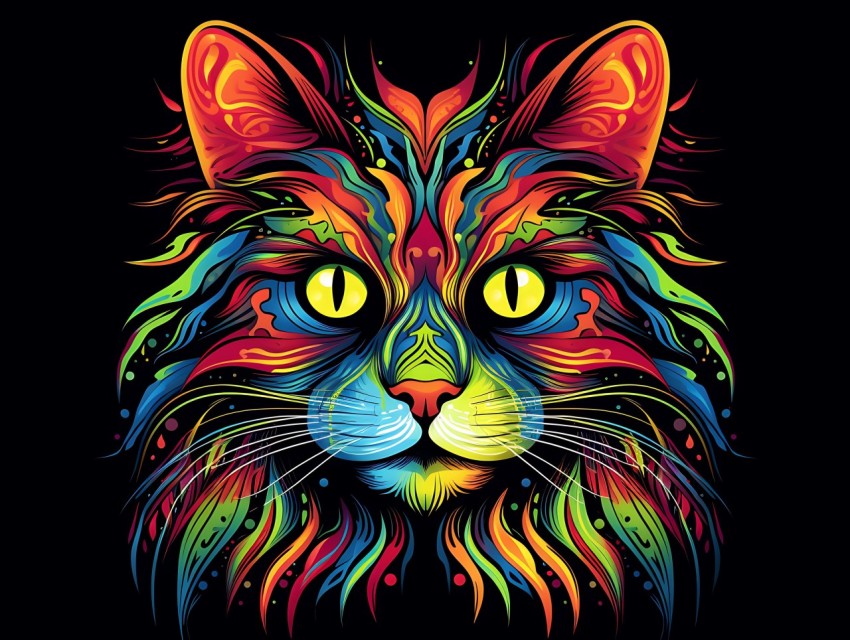 Colorful Cat Face Head Vivid Colors Pop Art Vector Illustrations Black Background (433)