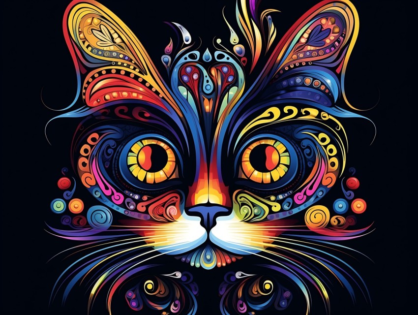 Colorful Cat Face Head Vivid Colors Pop Art Vector Illustrations Black Background (431)