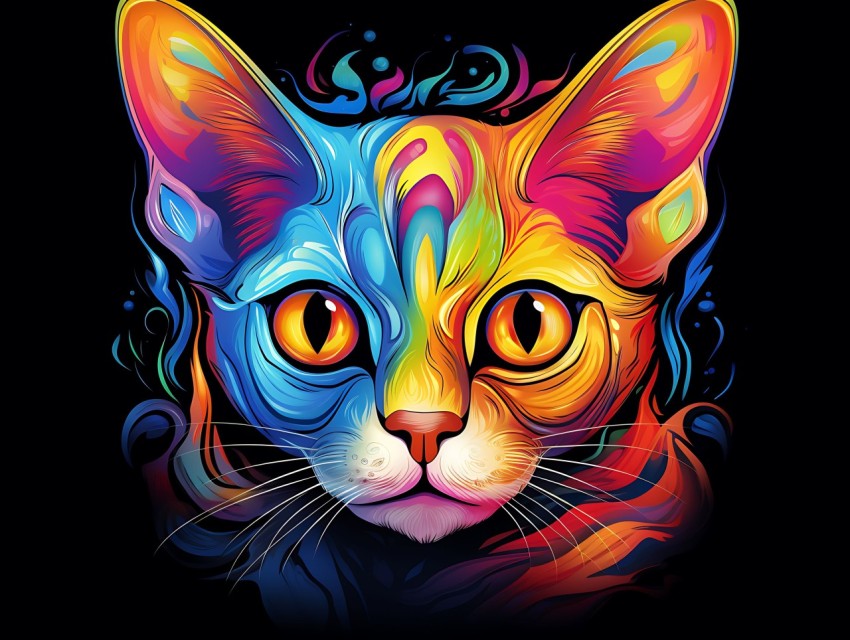 Colorful Cat Face Head Vivid Colors Pop Art Vector Illustrations Black Background (424)