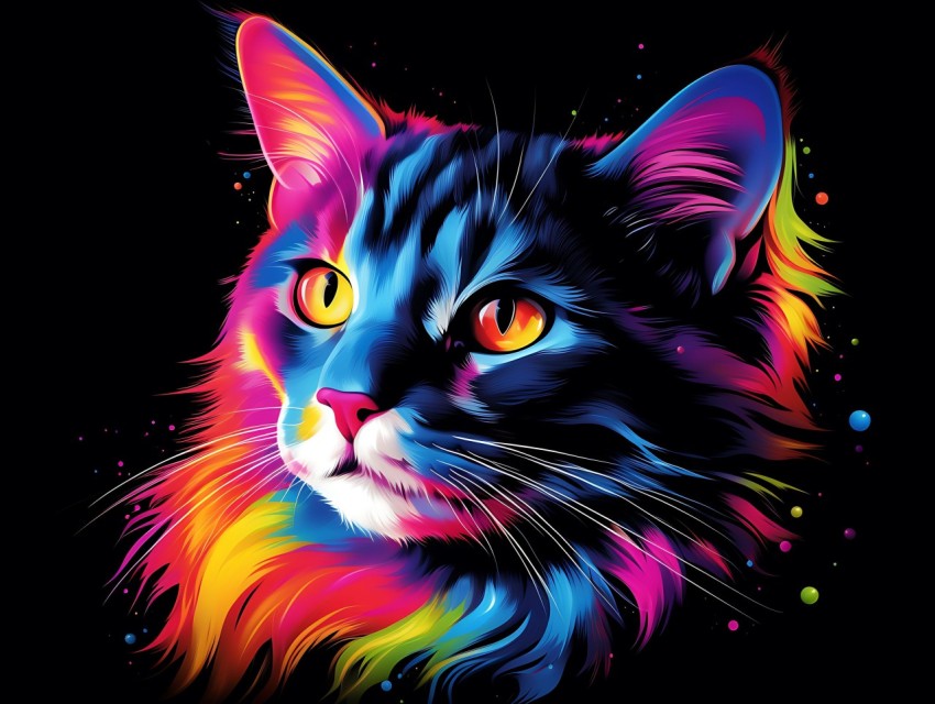 Colorful Cat Face Head Vivid Colors Pop Art Vector Illustrations Black Background (406)