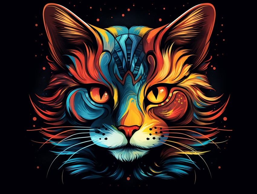 Colorful Cat Face Head Vivid Colors Pop Art Vector Illustrations Black Background (403)