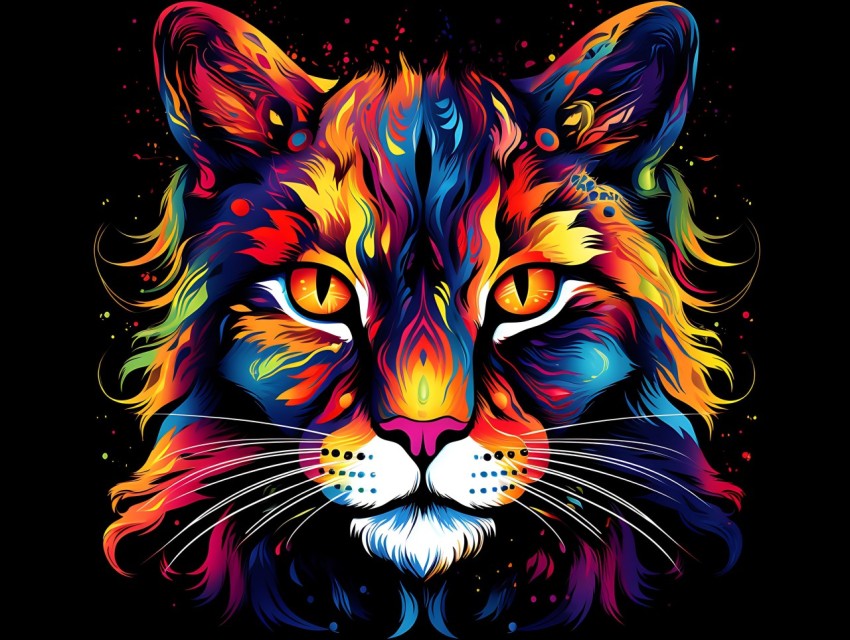 Colorful Cat Face Head Vivid Colors Pop Art Vector Illustrations Black Background (411)