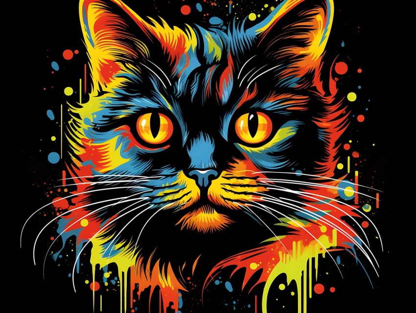 Colorful Cat Face Head Vivid Colors Pop Art Vector Illustrations Black Background (439)