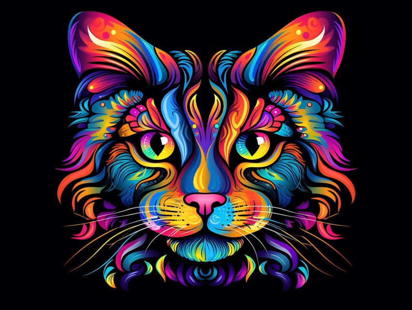 Colorful Cat Face Head Vivid Colors Pop Art Vector Illustrations Black Background (445)