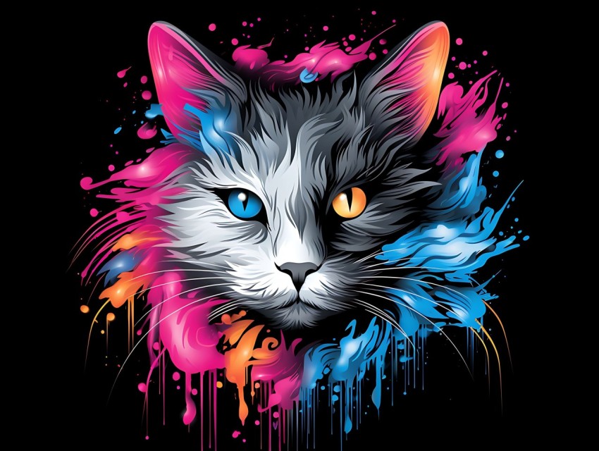 Colorful Cat Face Head Vivid Colors Pop Art Vector Illustrations Black Background (437)
