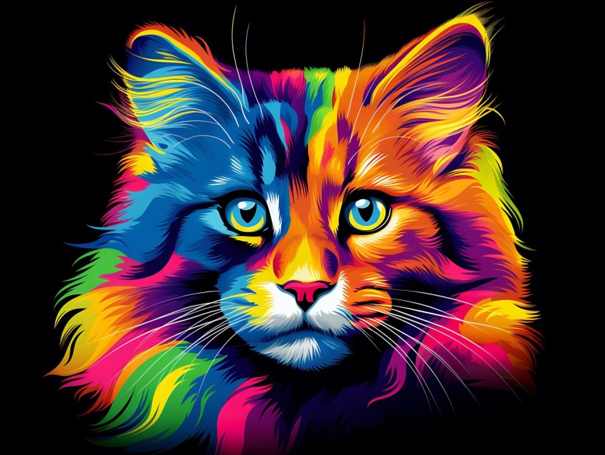 Colorful Cat Face Head Vivid Colors Pop Art Vector Illustrations Black Background (413)