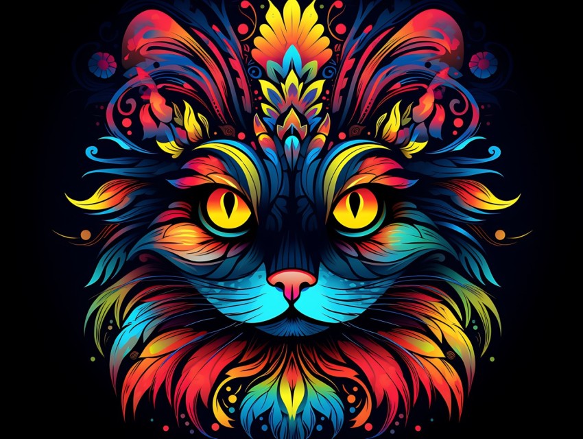 Colorful Cat Face Head Vivid Colors Pop Art Vector Illustrations Black Background (432)