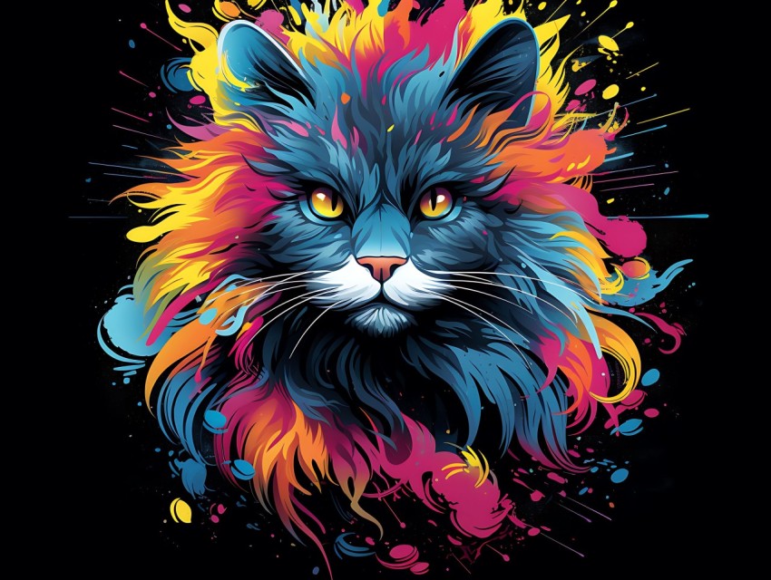 Colorful Cat Face Head Vivid Colors Pop Art Vector Illustrations Black Background (450)