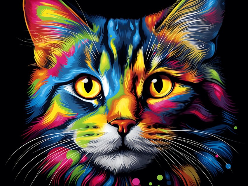 Colorful Cat Face Head Vivid Colors Pop Art Vector Illustrations Black Background (436)