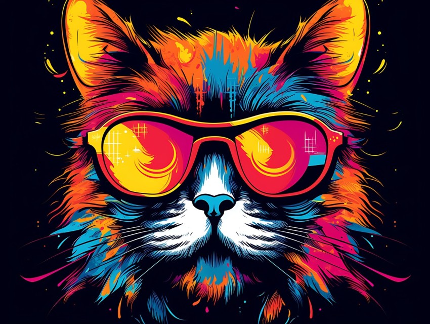 Colorful Cat Face Head Vivid Colors Pop Art Vector Illustrations Black Background (430)