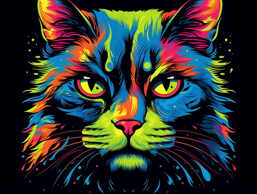 Colorful Cat Face Head Vivid Colors Pop Art Vector Illustrations Black Background (448)