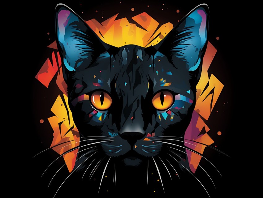 Colorful Cat Face Head Vivid Colors Pop Art Vector Illustrations Black Background (466)
