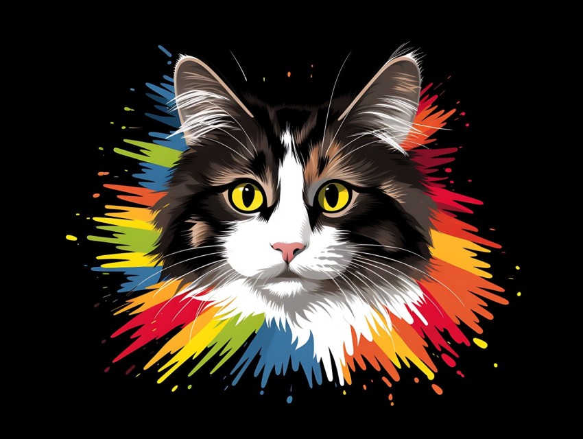Colorful Cat Face Head Vivid Colors Pop Art Vector Illustrations Black Background (474)