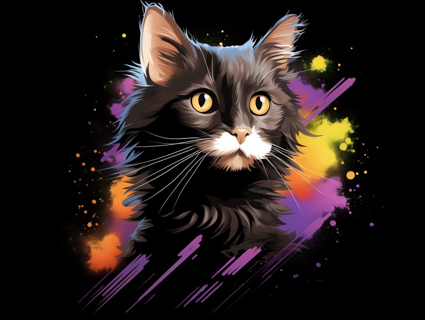 Colorful Cat Face Head Vivid Colors Pop Art Vector Illustrations Black Background (481)