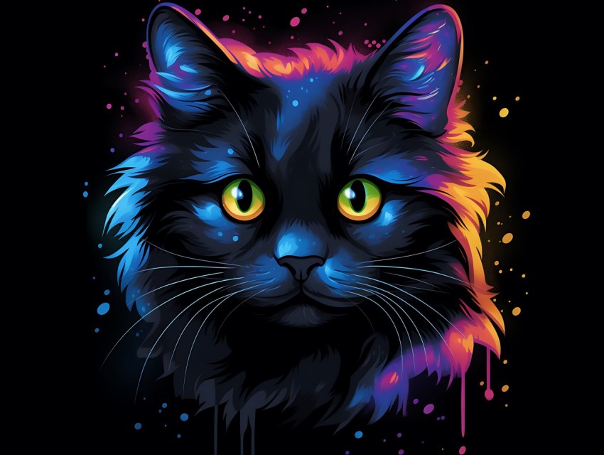 Colorful Cat Face Head Vivid Colors Pop Art Vector Illustrations Black Background (462)