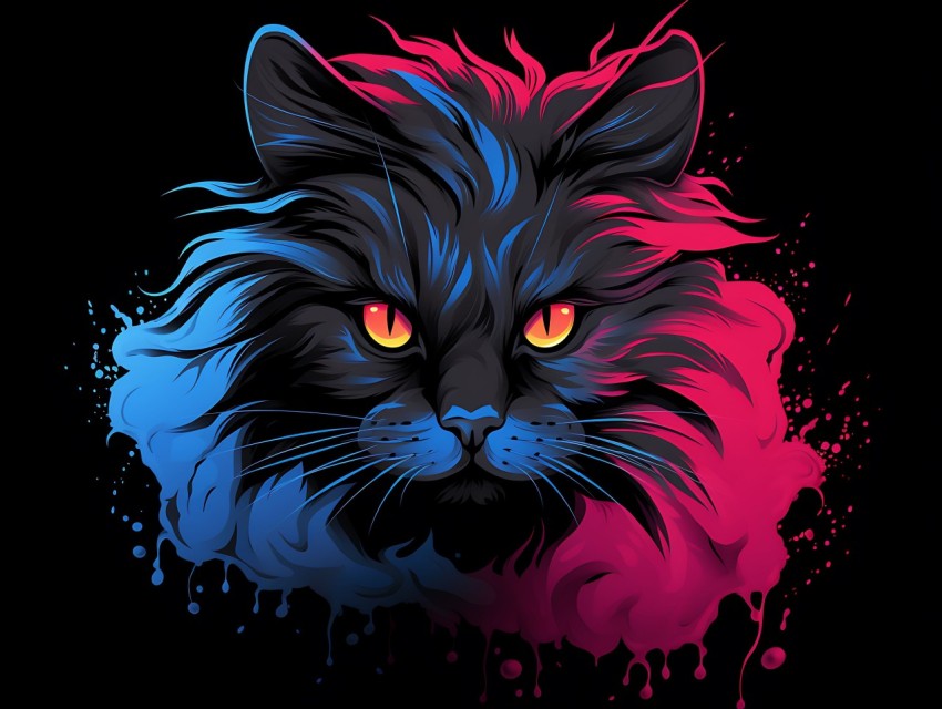 Colorful Cat Face Head Vivid Colors Pop Art Vector Illustrations Black Background (499)