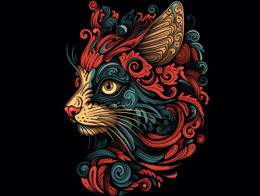 Colorful Cat Face Head Vivid Colors Pop Art Vector Illustrations Black Background (465)