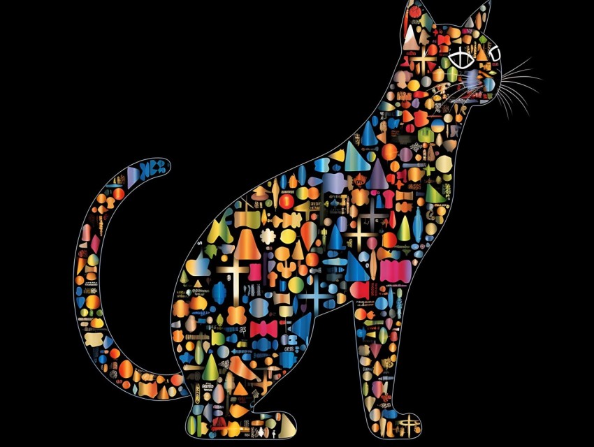 Colorful Cat Face Head Vivid Colors Pop Art Vector Illustrations Black Background (482)