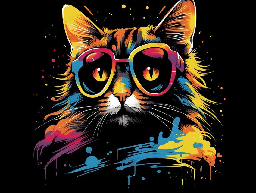 Colorful Cat Face Head Vivid Colors Pop Art Vector Illustrations Black Background (492)