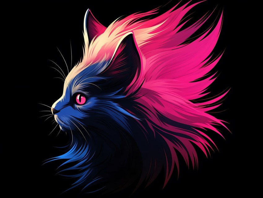 Colorful Cat Face Head Vivid Colors Pop Art Vector Illustrations Black Background (480)