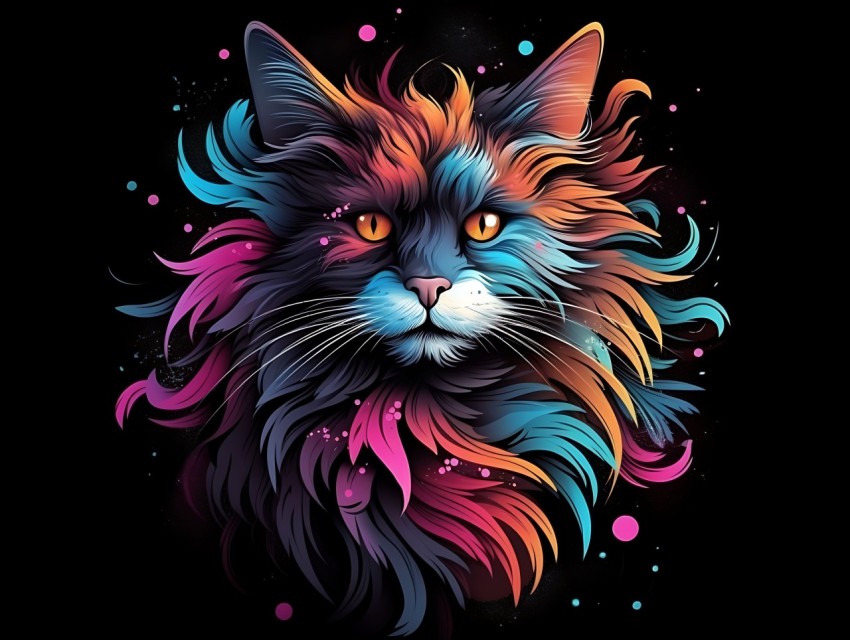 Colorful Cat Face Head Vivid Colors Pop Art Vector Illustrations Black Background (476)