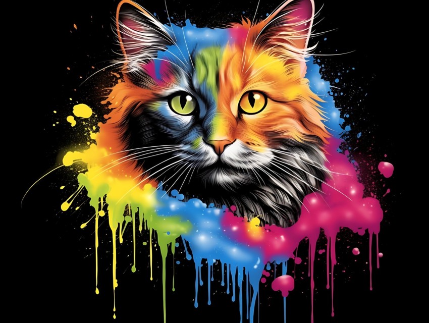 Colorful Cat Face Head Vivid Colors Pop Art Vector Illustrations Black Background (451)