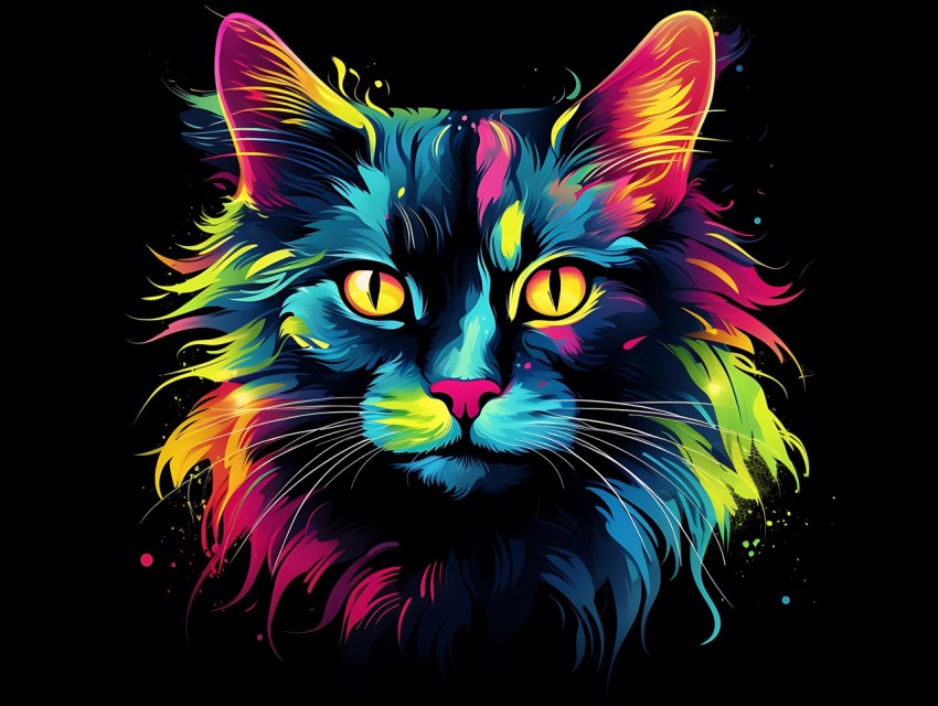 Colorful Cat Face Head Vivid Colors Pop Art Vector Illustrations Black Background (484)