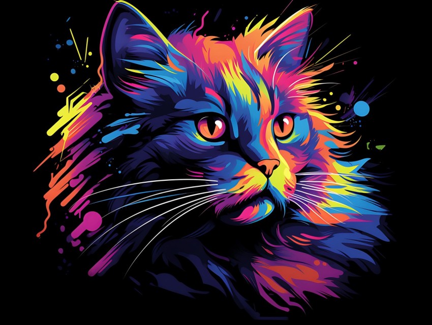 Colorful Cat Face Head Vivid Colors Pop Art Vector Illustrations Black Background (458)