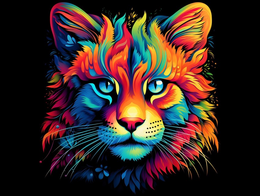 Colorful Cat Face Head Vivid Colors Pop Art Vector Illustrations Black Background (473)