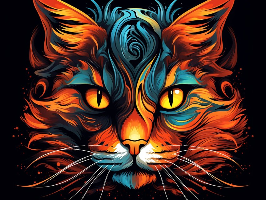 Colorful Cat Face Head Vivid Colors Pop Art Vector Illustrations Black Background (463)