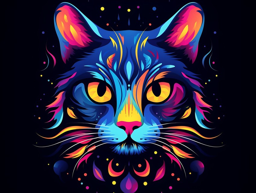 Colorful Cat Face Head Vivid Colors Pop Art Vector Illustrations Black Background (491)