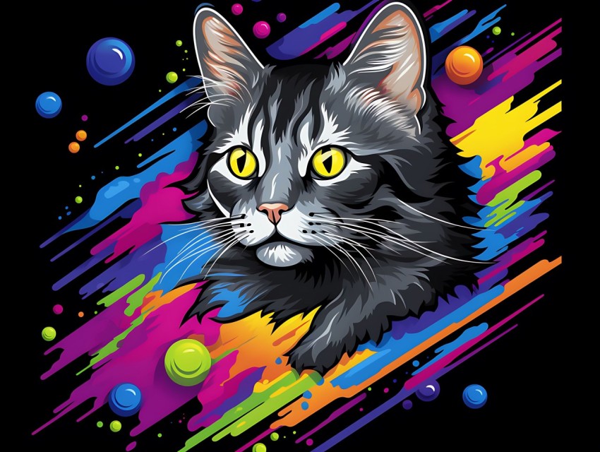 Colorful Cat Face Head Vivid Colors Pop Art Vector Illustrations Black Background (464)